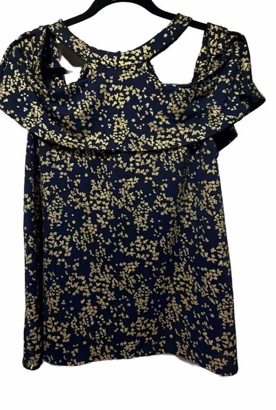 Michael Kors navy blue / gold floral print off-the-shoulder shirt